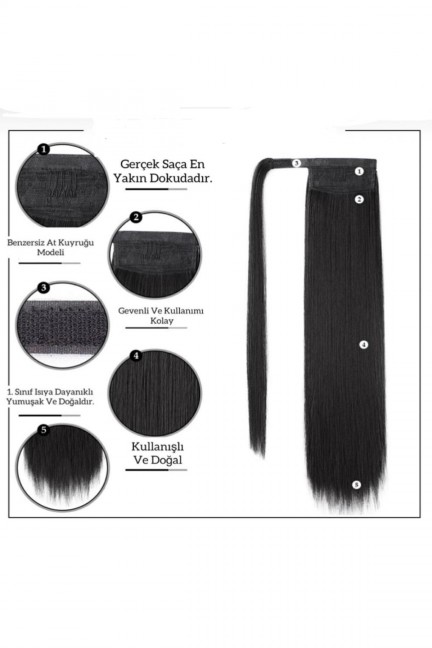 Düz Siyah Dolamalı At Kuyruğu Postiş 65 Cm 220 Gram