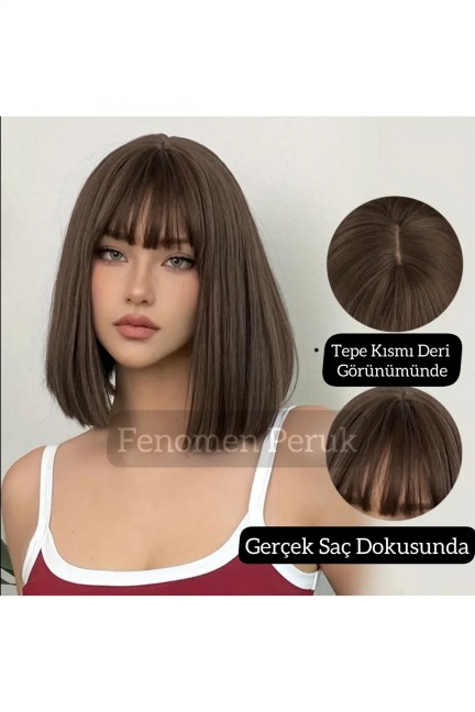 Kumral Düz Kısa Vip Saç Peruk - Gerçek Saç Dokusunda Kumral Düz Kısa Vip Saç Peruk - Gerçek Saç Dokusunda