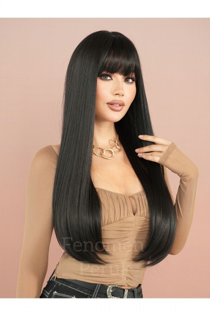 Siyah Düz Perçemli Uzun Peruk 75-80 Cm Siyah Düz Perçemli Uzun Peruk 75-80 Cm
