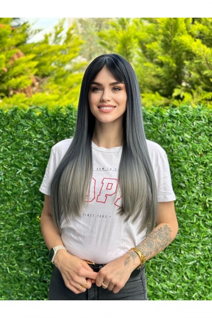 Siyah Gri Düz Perçemli Peruk Model Leyla16 Siyah Gri Düz Perçemli Peruk Model Leyla16
